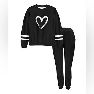 Pixie Girl - Black & White Stripe Heart French Terry Sweatshirt & Black Joggers